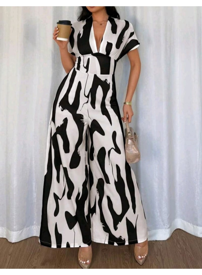 Shein Women's Asymmetrical Black & White Print V-Neck Casual Vacation Elegant Fashionable Versatile Wide Leg Pants Jumpsuit , Spring/Summer - Image 5