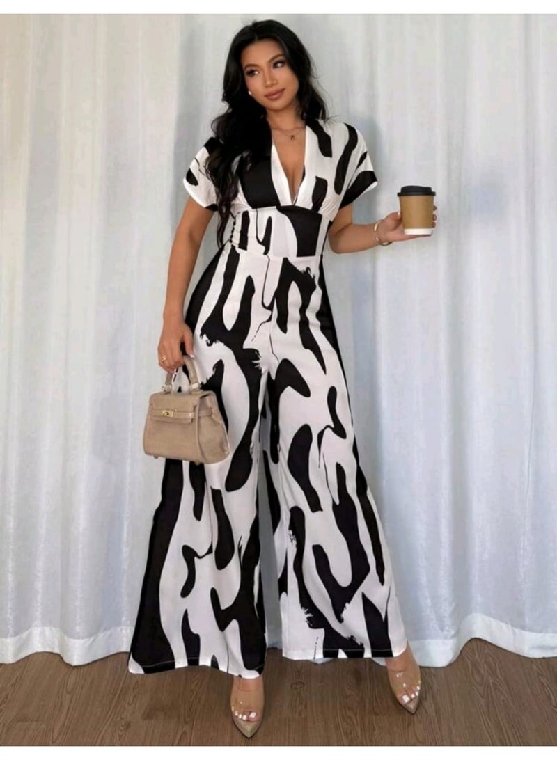 Shein Women's Asymmetrical Black & White Print V-Neck Casual Vacation Elegant Fashionable Versatile Wide Leg Pants Jumpsuit , Spring/Summer - Image 4