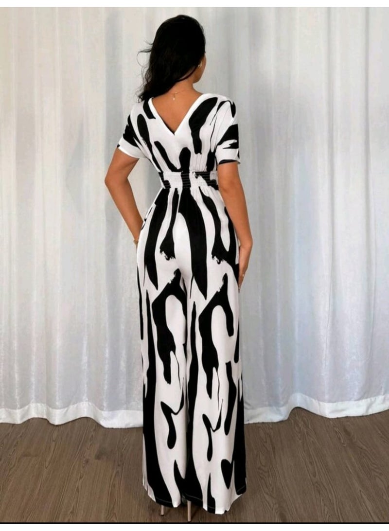 Shein Women's Asymmetrical Black & White Print V-Neck Casual Vacation Elegant Fashionable Versatile Wide Leg Pants Jumpsuit , Spring/Summer - Image 3