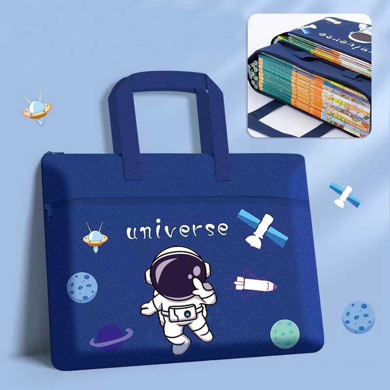 Multi-layer student book portable storage bag large capacity waterproof childrens learning materials tutorial bag homework file bag [2nd floor] navy blue astronaut