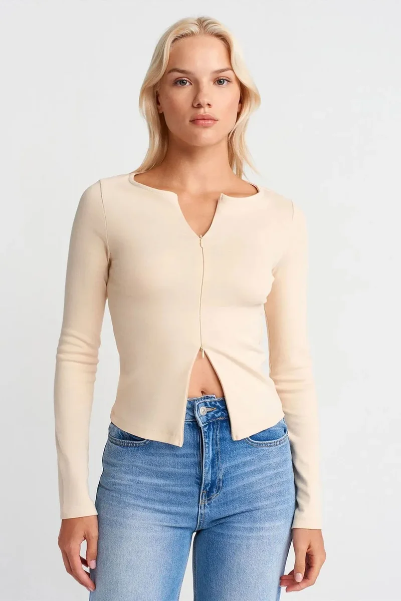 DILVIN Slim Fit Cotton Blend Zipper Blouse