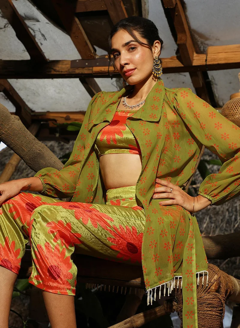 QISSA Women's Avocado Green Flower Tie-Up Co-Ord Set