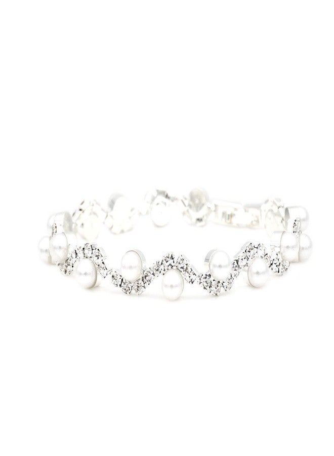 JSEA Womens 4mm Faux Pearl Wave Link Bracelet Silver Tone Rhinestone Bracelets Ladies - Image 1