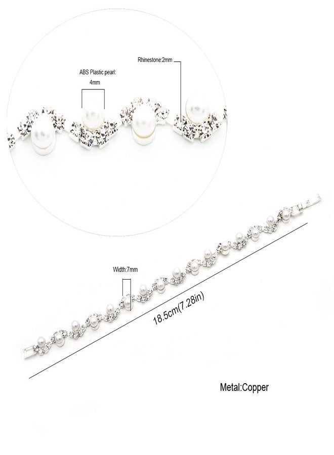 JSEA Womens 4mm Faux Pearl Wave Link Bracelet Silver Tone Rhinestone Bracelets Ladies - Image 4