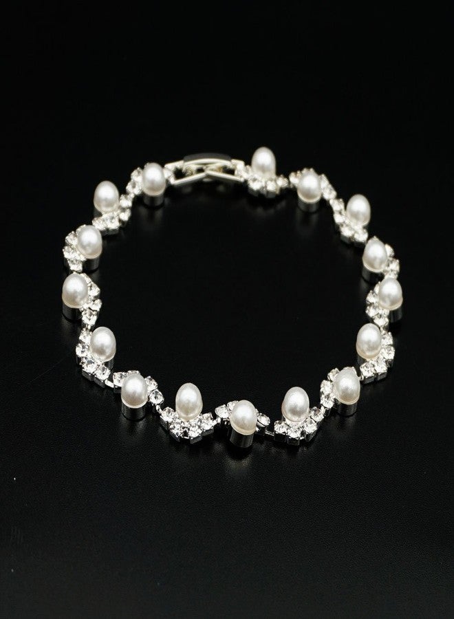 JSEA Womens 4mm Faux Pearl Wave Link Bracelet Silver Tone Rhinestone Bracelets Ladies - Image 2