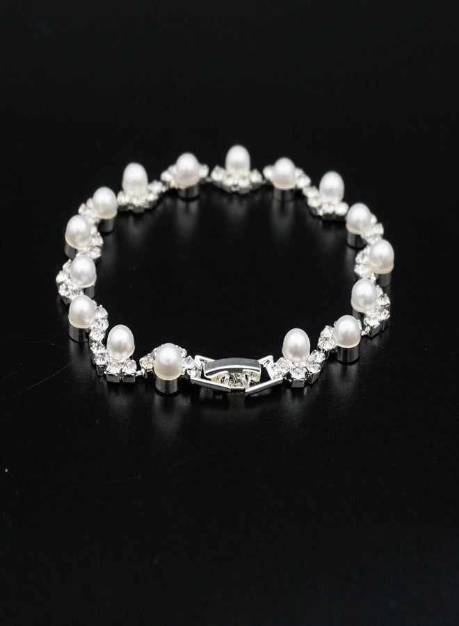 JSEA Womens 4mm Faux Pearl Wave Link Bracelet Silver Tone Rhinestone Bracelets Ladies - Image 3