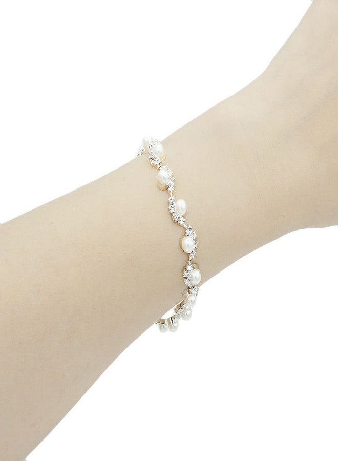 JSEA Womens 4mm Faux Pearl Wave Link Bracelet Silver Tone Rhinestone Bracelets Ladies - Image 5