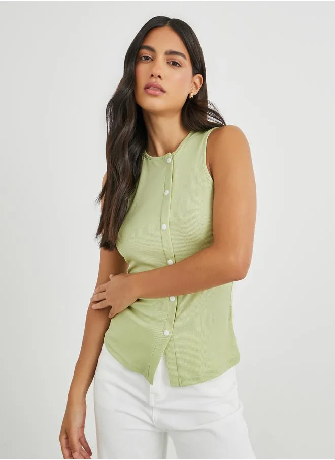 ستايلي Styli Ribbed Knit Sleeveless Buttoned Top