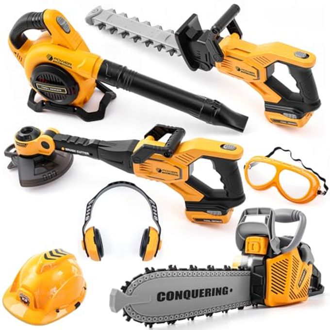 Arrowbash 7 Pcs Toy Leaf Blower Chainsaw Weed Trimmer Hedge Trimmer Set with Safety Goggles Helmet and Earmuffs Gardening Tool Set Toy Gardening Equipment for Christmas