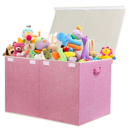 popoly 122L Large Toy Box Chest with Lid Foldable Toy Storage Organizer Bin Boxes with Removable Divider for Kids Boys Girls Nursery Playroom 26x17 x17Linen Pink - Image 1