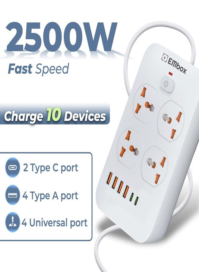 EMBOX لوحة تمديد Embox مزودة بمنفذ USB من النوع C | لوحة تمديد مزودة بمفاتيح، حماية من ارتفاع التيار 6 أمبير، 4 مقابس عالمية، سلك تمديد بقدرة 2500 واط | مؤشر LED لغطاء الأمان، طول 2 متر - Image 2