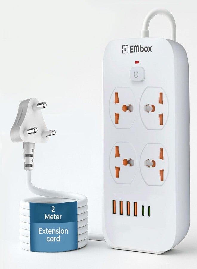 EMBOX لوحة تمديد Embox مزودة بمنفذ USB من النوع C | لوحة تمديد مزودة بمفاتيح، حماية من ارتفاع التيار 6 أمبير، 4 مقابس عالمية، سلك تمديد بقدرة 2500 واط | مؤشر LED لغطاء الأمان، طول 2 متر - Image 1