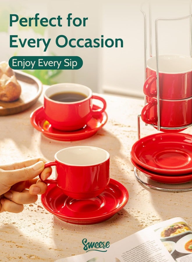Sweese 8 Ounce Porcelain Stackable Cappuccino Cups with Saucers and Metal Stand - for Specialty Coffee Drinks, Cappuccino, Latte, Americano and Tea - Set of 4, Red - Image 5
