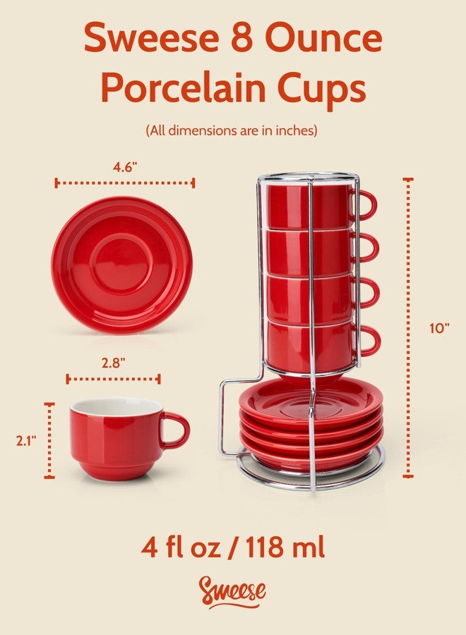 Sweese 8 Ounce Porcelain Stackable Cappuccino Cups with Saucers and Metal Stand - for Specialty Coffee Drinks, Cappuccino, Latte, Americano and Tea - Set of 4, Red - Image 2