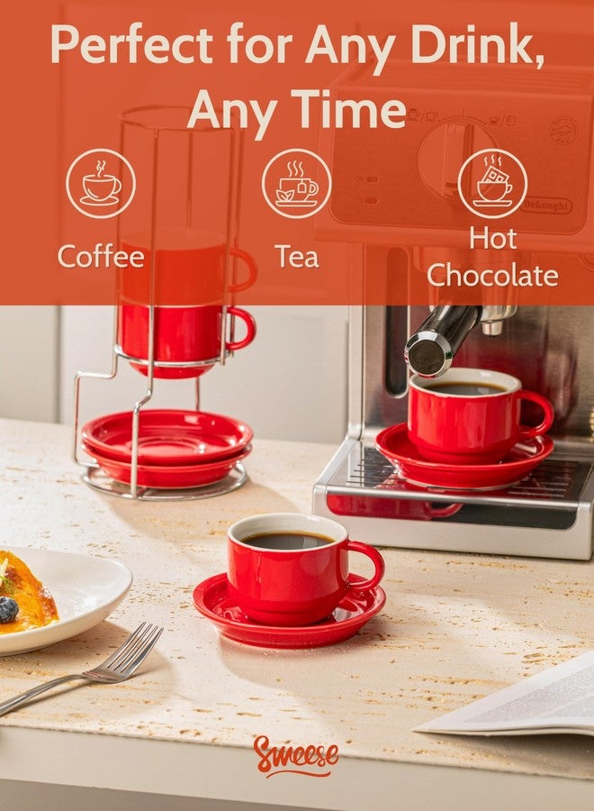 Sweese 8 Ounce Porcelain Stackable Cappuccino Cups with Saucers and Metal Stand - for Specialty Coffee Drinks, Cappuccino, Latte, Americano and Tea - Set of 4, Red - Image 4