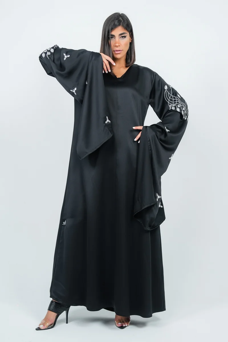 Rosette Abaya Black Dress With Long  Embroidery Sleeves design