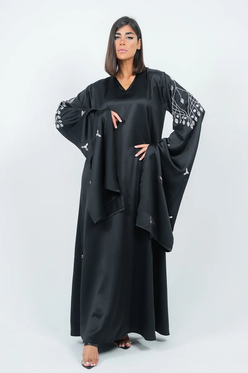 Rosette Abaya Black Dress With Long  Embroidery Sleeves design