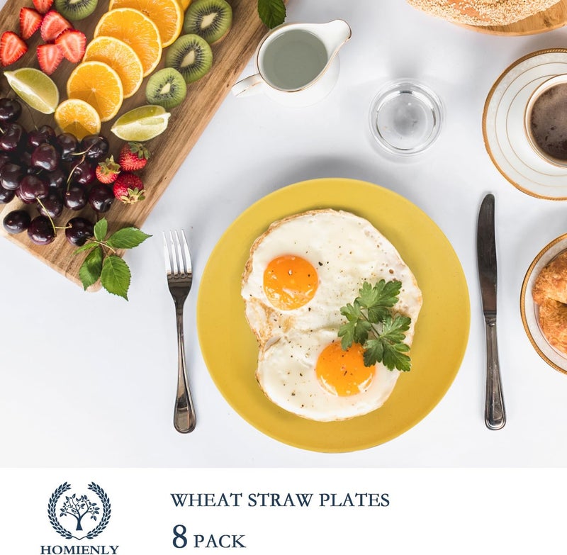 Homienly Flat Dinner Plates Set  8 Microwave  Dishwasher Safe Wheat Straw Plates Unbreakable 9 inch Yellow - Image 3