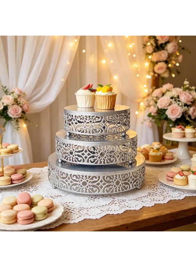 Amedoo Cake Stand Set, 3Pcs Round Metal Cake Stands, Dessert Cupcake Pastry Candy Display Plate for Wedding, Event, Birthday Party (Silver Cake Stands / 3 Pcs) - Image 2