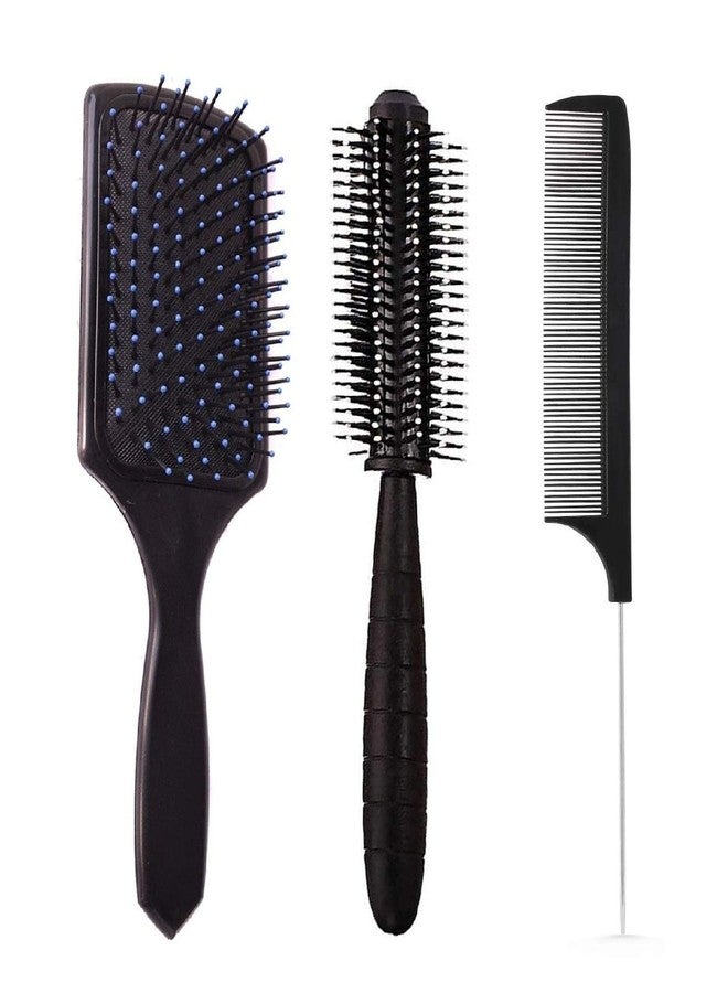 E-DUNIA Professional Smart Look Big Hair Paddle Rectangular Cushion Brush (1) & Brush For Blow Drying Roller Hair Brush (1) & Black Carbon Rat tail, Sectioning comb with Steel Handle (1) [ Pack Of 3 ] - Image 1
