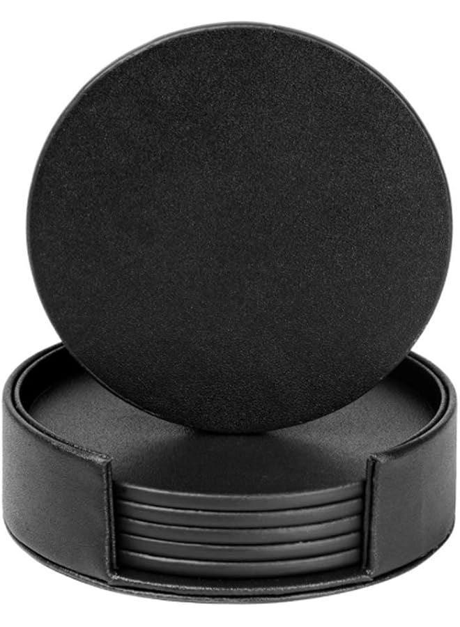 The Bros Drink Coasters Set of 6 Leather CoastersSpill Protection for Table Desk Durable and Non Slip Leather Coaster Fit Common Size Drinking Glass Coffee Cup Tea Cup Mug (Round Black) - Image 1