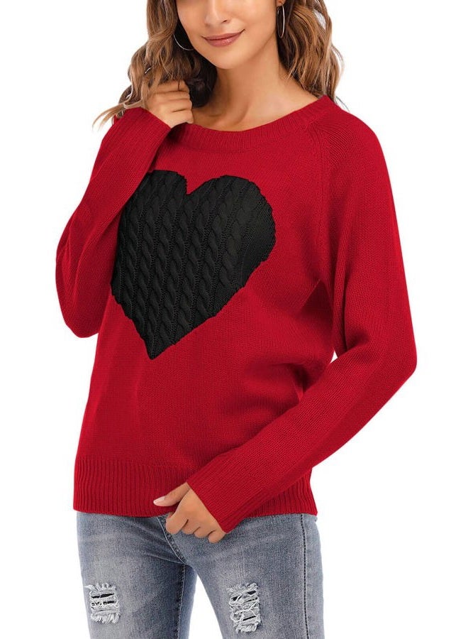 shermie Women's Pullover Sweaters Long Sleeve Crewneck Cute Heart Knitted Sweaters, Red, S - Image 2