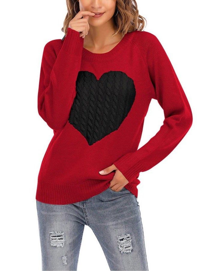 shermie Women's Pullover Sweaters Long Sleeve Crewneck Cute Heart Knitted Sweaters, Red, S - Image 4
