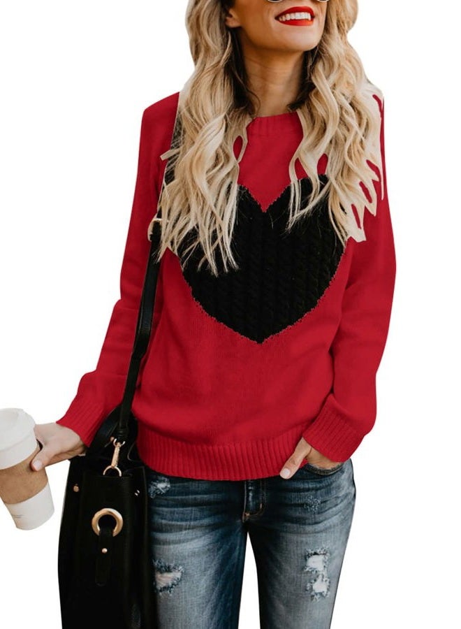 shermie Women's Pullover Sweaters Long Sleeve Crewneck Cute Heart Knitted Sweaters, Red, S - Image 1