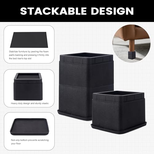 BTSD-home Adjustable Bed Risers 3 or 6 Inch Heavy Duty Stackable Furniture Risers for College Dorm Bed Sofa Table Couch Chair Bed Raisers Blocks Set of 4 Black - Image 3