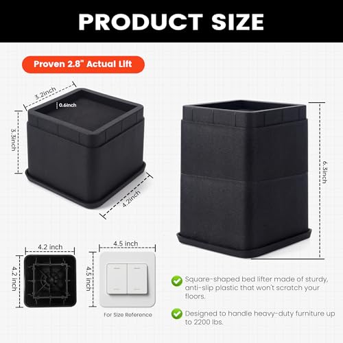 BTSD-home Adjustable Bed Risers 3 or 6 Inch Heavy Duty Stackable Furniture Risers for College Dorm Bed Sofa Table Couch Chair Bed Raisers Blocks Set of 4 Black - Image 2