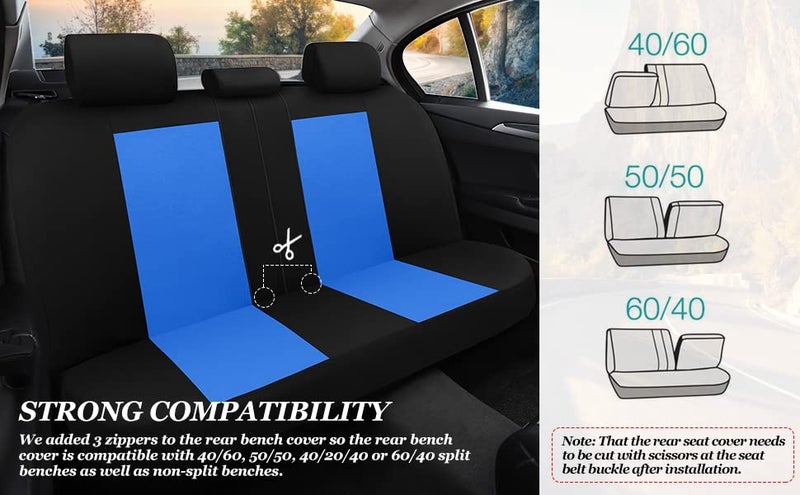 Tapha Universal Car Seat Covers Full Set - Front and Rear Split Bench, Easy to Install, Breathable and Washable Universal Interior Covers for Auto, SUV, Sedan, Van, Airbag Compatible, Black & Blue - Image 5