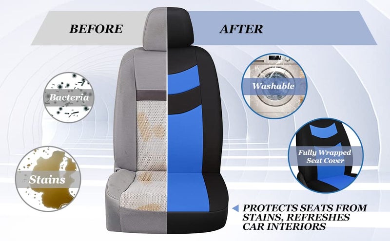 Tapha Universal Car Seat Covers Full Set - Front and Rear Split Bench, Easy to Install, Breathable and Washable Universal Interior Covers for Auto, SUV, Sedan, Van, Airbag Compatible, Black & Blue - Image 3