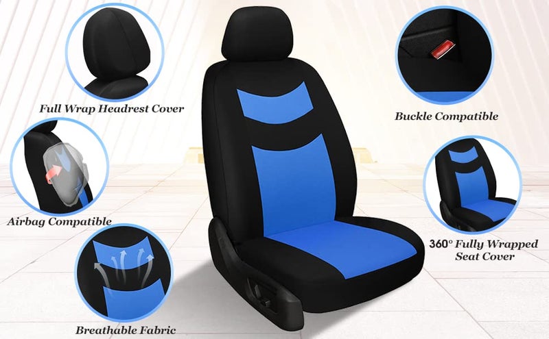 Tapha Universal Car Seat Covers Full Set - Front and Rear Split Bench, Easy to Install, Breathable and Washable Universal Interior Covers for Auto, SUV, Sedan, Van, Airbag Compatible, Black & Blue - Image 4