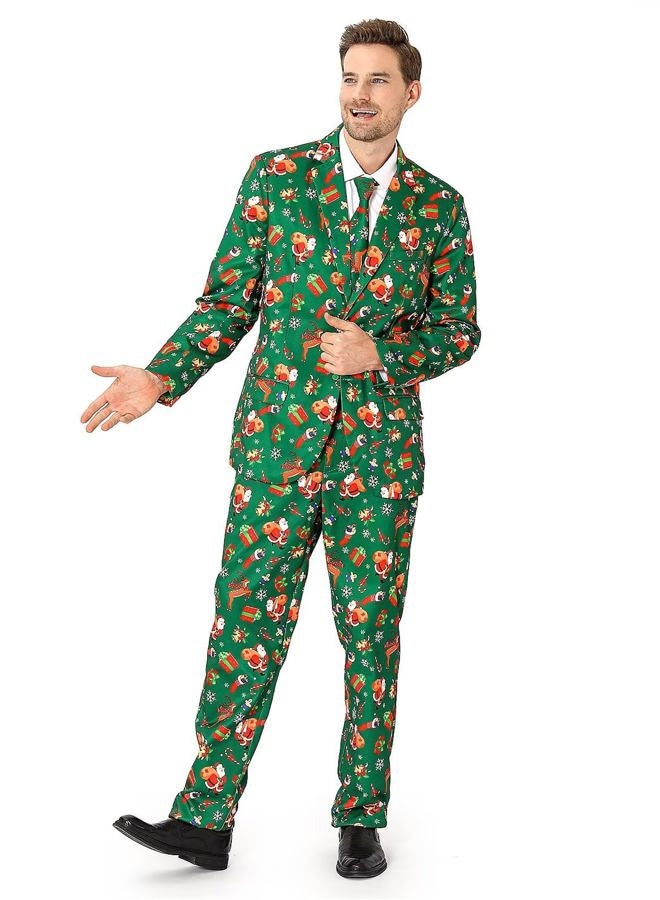 Fashonal Christmas Suit for Men, Santa Claus Xmas Gift Party Costume Green Blazer Pants Set with Tie, Festive Green Size M, Festive Green, M - Image 1