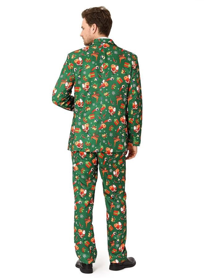 Fashonal Christmas Suit for Men, Santa Claus Xmas Gift Party Costume Green Blazer Pants Set with Tie, Festive Green Size M, Festive Green, M - Image 4