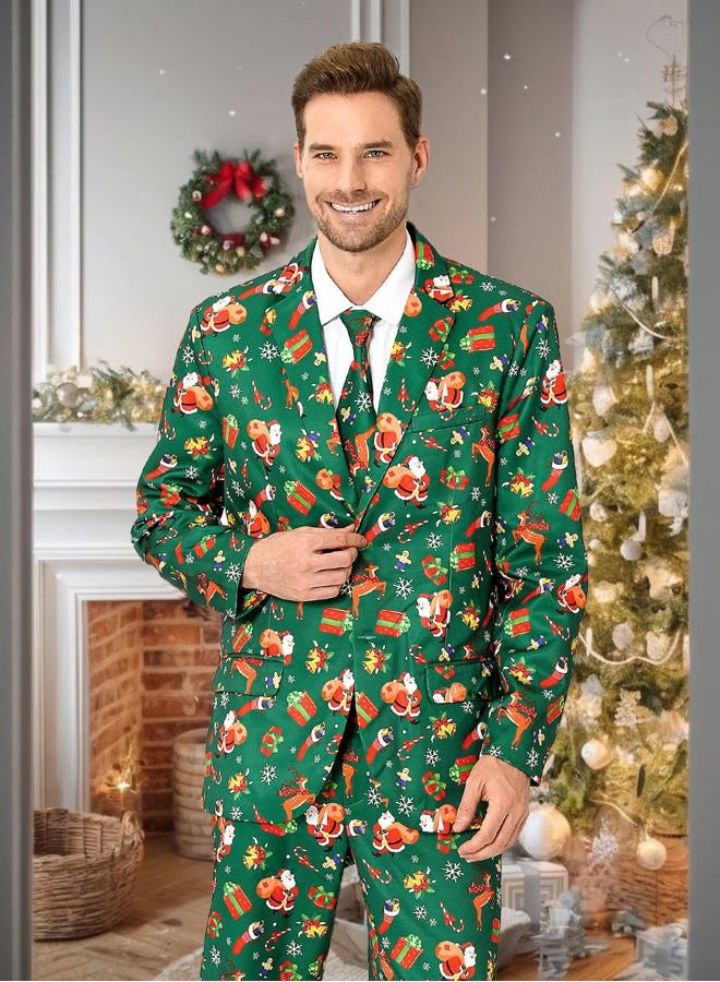 Fashonal Christmas Suit for Men, Santa Claus Xmas Gift Party Costume Green Blazer Pants Set with Tie, Festive Green Size M, Festive Green, M - Image 2