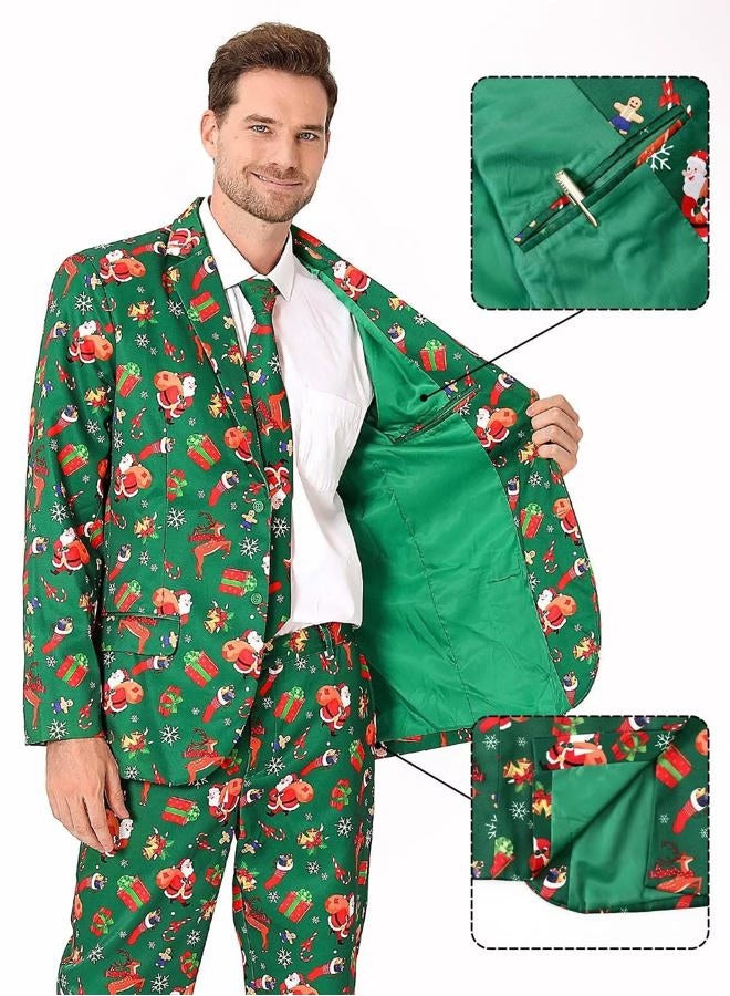 Fashonal Christmas Suit for Men, Santa Claus Xmas Gift Party Costume Green Blazer Pants Set with Tie, Festive Green Size M, Festive Green, M - Image 3