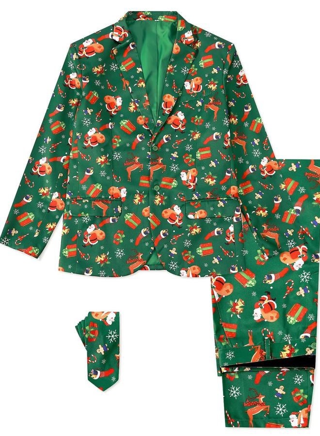 Fashonal Christmas Suit for Men, Santa Claus Xmas Gift Party Costume Green Blazer Pants Set with Tie, Festive Green Size M, Festive Green, M - Image 5