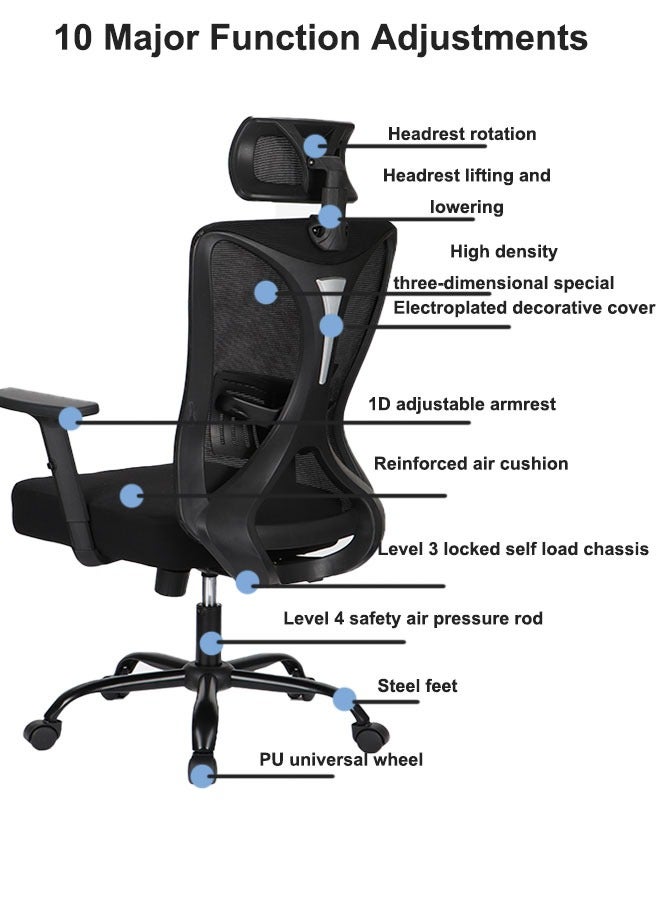 HQ-GAMING Ergonomic Office Chair, Height Adjustable Desk Chair with Lumbar Support Backrest & Headrest and Armrests, Swivel Mesh Comfort Computer Chair Black Gaming Chairs  - Image 2