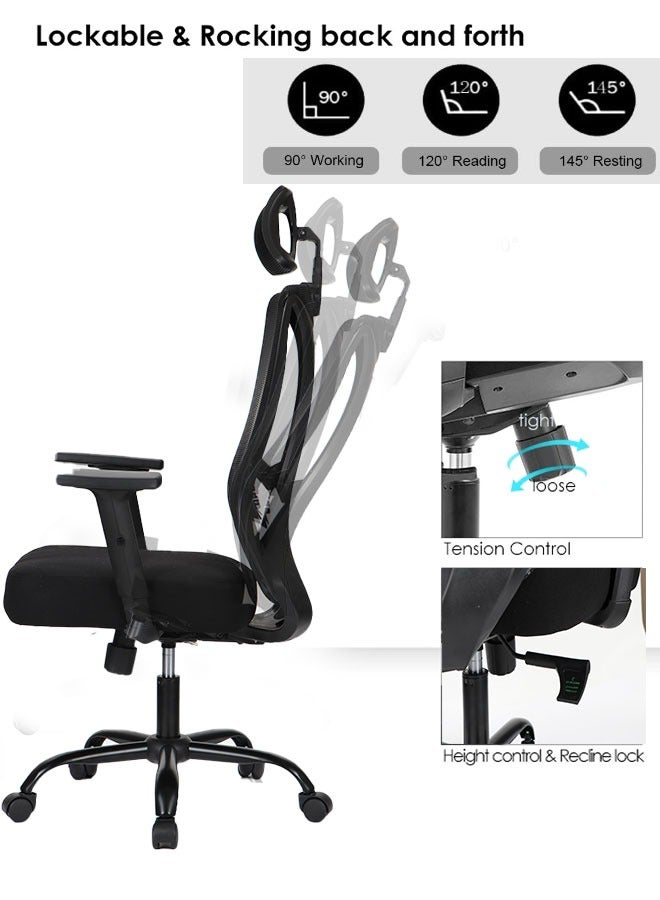 HQ-GAMING Ergonomic Office Chair, Height Adjustable Desk Chair with Lumbar Support Backrest & Headrest and Armrests, Swivel Mesh Comfort Computer Chair Black Gaming Chairs  - Image 3