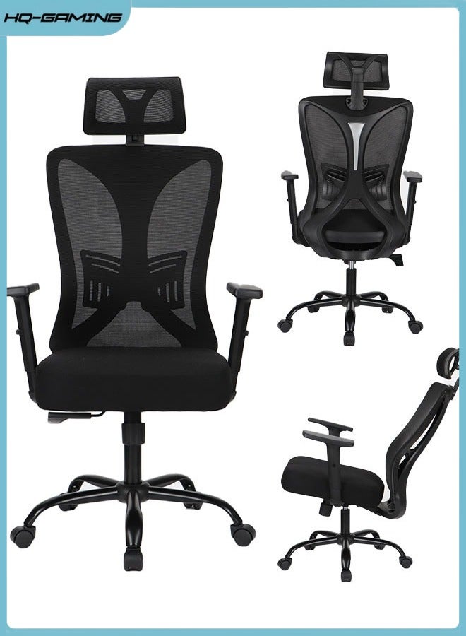 HQ-GAMING Ergonomic Office Chair, Height Adjustable Desk Chair with Lumbar Support Backrest & Headrest and Armrests, Swivel Mesh Comfort Computer Chair Black Gaming Chairs  - Image 1