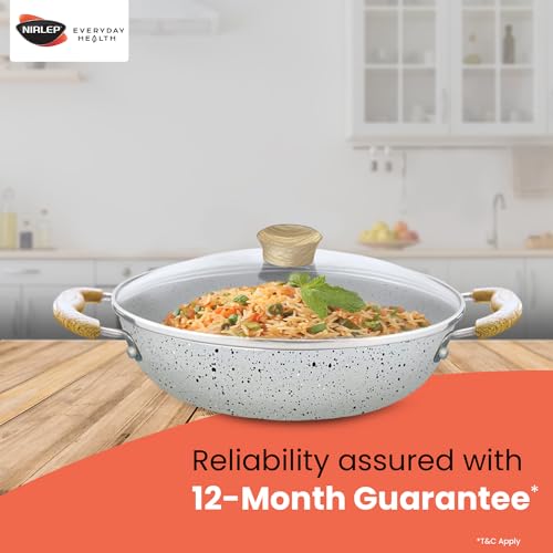 Nirlep Joy Series 24cm Kadhai with Glass Lid|Granite Finish Non-Stick Kadhai|Wooden Handles| Easy to Clean| Induction Base Kadhai| Easy Cooking| Soft Touch Handles| 1-Yr Warranty be Bajaj| Grey - Image 2