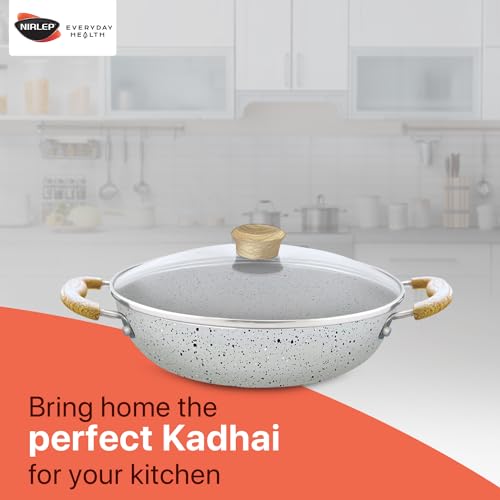 Nirlep Joy Series 24cm Kadhai with Glass Lid|Granite Finish Non-Stick Kadhai|Wooden Handles| Easy to Clean| Induction Base Kadhai| Easy Cooking| Soft Touch Handles| 1-Yr Warranty be Bajaj| Grey - Image 3