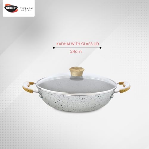 Nirlep Joy Series 24cm Kadhai with Glass Lid|Granite Finish Non-Stick Kadhai|Wooden Handles| Easy to Clean| Induction Base Kadhai| Easy Cooking| Soft Touch Handles| 1-Yr Warranty be Bajaj| Grey - Image 4
