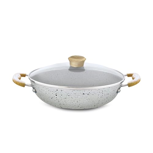 Nirlep Joy Series 24cm Kadhai with Glass Lid|Granite Finish Non-Stick Kadhai|Wooden Handles| Easy to Clean| Induction Base Kadhai| Easy Cooking| Soft Touch Handles| 1-Yr Warranty be Bajaj| Grey - Image 1