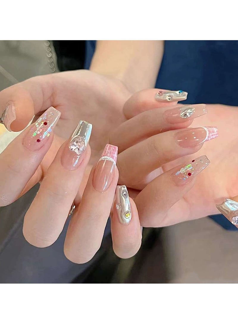 Goolsky أظافر ضغط لطيفة حلوة على شكل قلب وردي مع ألماس - نصائح أظافر قابلة للاستخدام بأسلوب شانيل مزخرفة بمربعات، 24 قطعة قابلة لإعادة الاستخدام، للاستخدام اليومي/الحفلات - Image 4