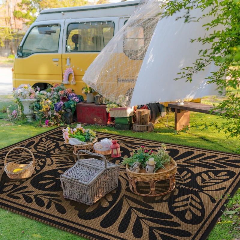GENIMO Outdoor Rug 5' x 8' Waterproof for Patio Clearance, Reversible Plastic Straw Camping Mat, Lightweight Carpet for Rv, Camper, Deck, Porch, Picnic, Balcony, Beach, H.Black & Brown - Image 3