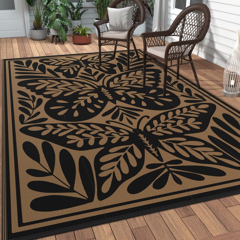GENIMO Outdoor Rug 5' x 8' Waterproof for Patio Clearance, Reversible Plastic Straw Camping Mat, Lightweight Carpet for Rv, Camper, Deck, Porch, Picnic, Balcony, Beach, H.Black & Brown - Image 1