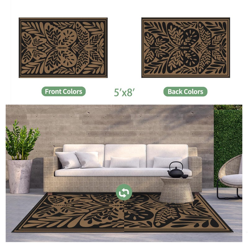 GENIMO Outdoor Rug 5' x 8' Waterproof for Patio Clearance, Reversible Plastic Straw Camping Mat, Lightweight Carpet for Rv, Camper, Deck, Porch, Picnic, Balcony, Beach, H.Black & Brown - Image 2