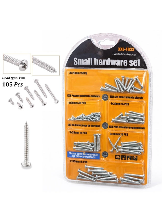105PCS Stainless Steel Pan Head Phillips Self Tapping Screws Assortment – 304 Stainless Steel Self Drilling Screws Kit for Metal, Wood, and DIY Fixing (Multiple Sizes) - Image 1